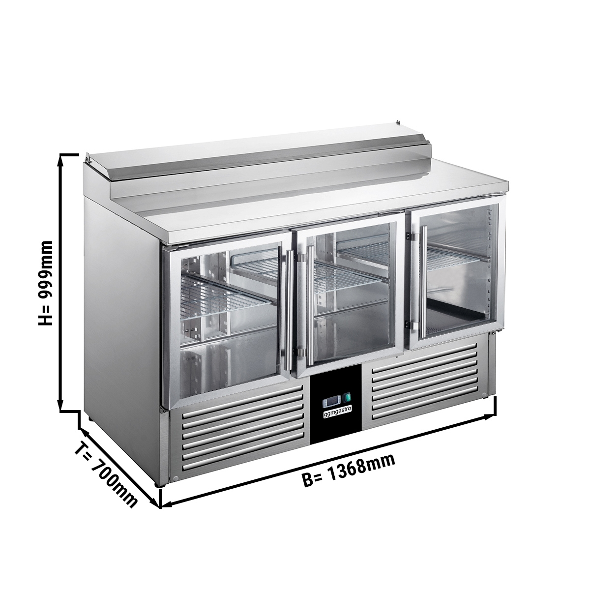 Saladette / Zubereitungstisch PREMIUM - 1,37 x 0,7 m - mit 3 Glasüren
