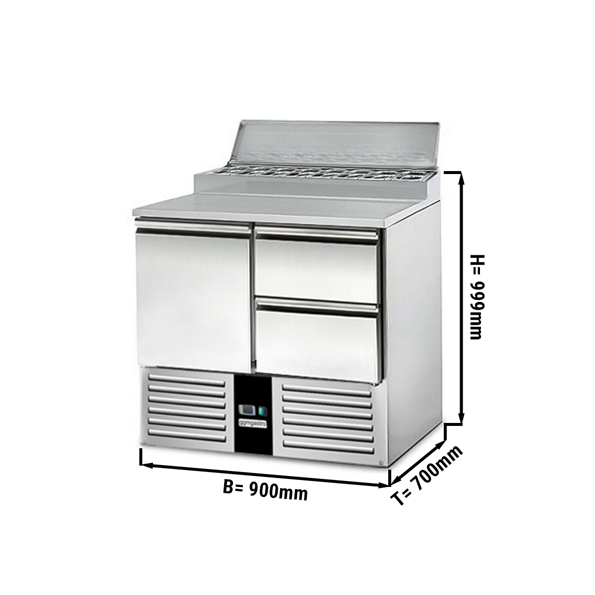 Saladette / Zubereitungstisch PREMIUM - 0,9 x 0,7 m - mit 1 Tür & 2 Schubladen 1/2