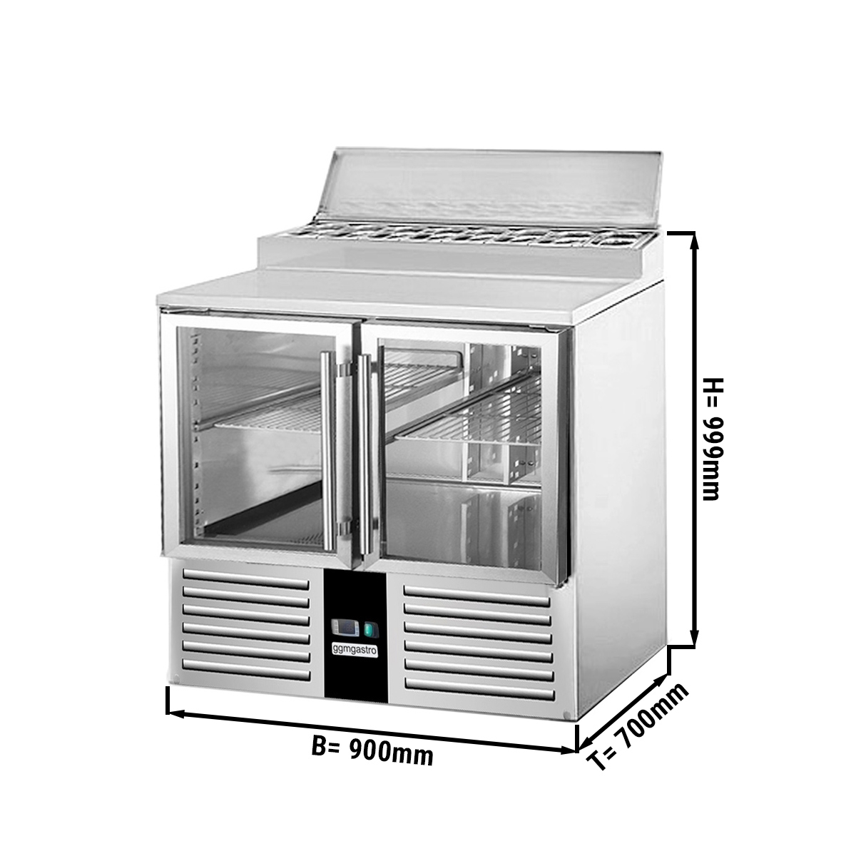 Saladette / Zubereitungstisch PREMIUM - 0,9 x 0,7 m - mit 2 Glastüren