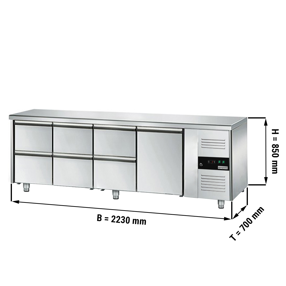 Kühltisch ECO - 2,2 x 0,7 m - mit 1 Tür & 6 Schubladen 1/2