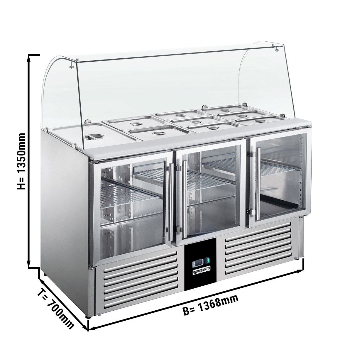 Saladette PREMIUM - 1,37 x 0,7 m - mit 3 Glastüren