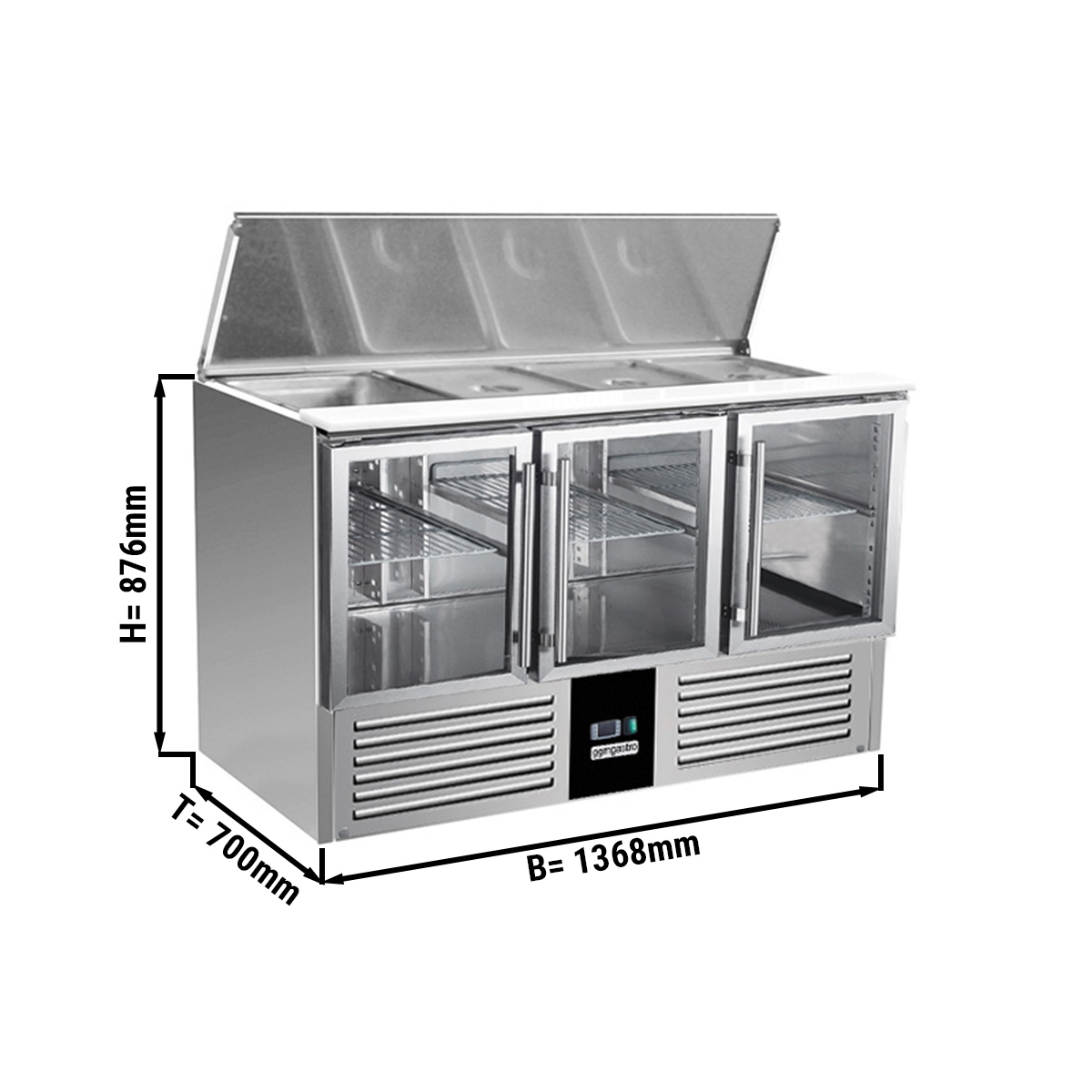 Saladette PREMIUM - 1,37 x 0,7 m - mit 3 Glastüren