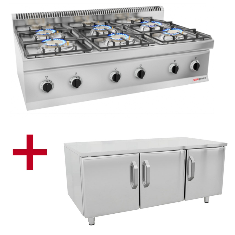 Gas stove - 6x burners (33.5 kW) with pilot flame incl. base frame | cooker | gastronomic hob | stove | gas hob