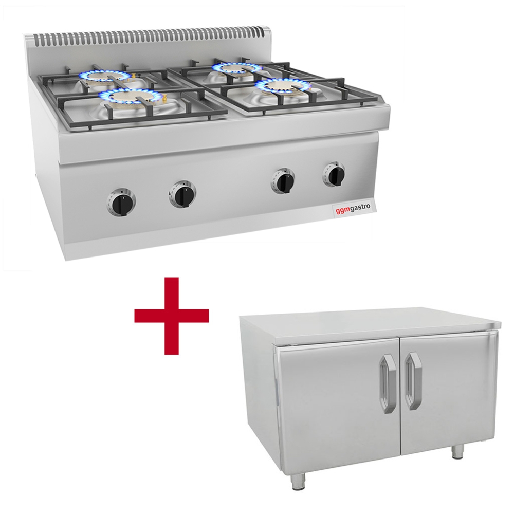 Gas stove - 4x burners (23 kW) with pilot flame incl. base frame | cooker | gastronomic hob | stove | gas hob