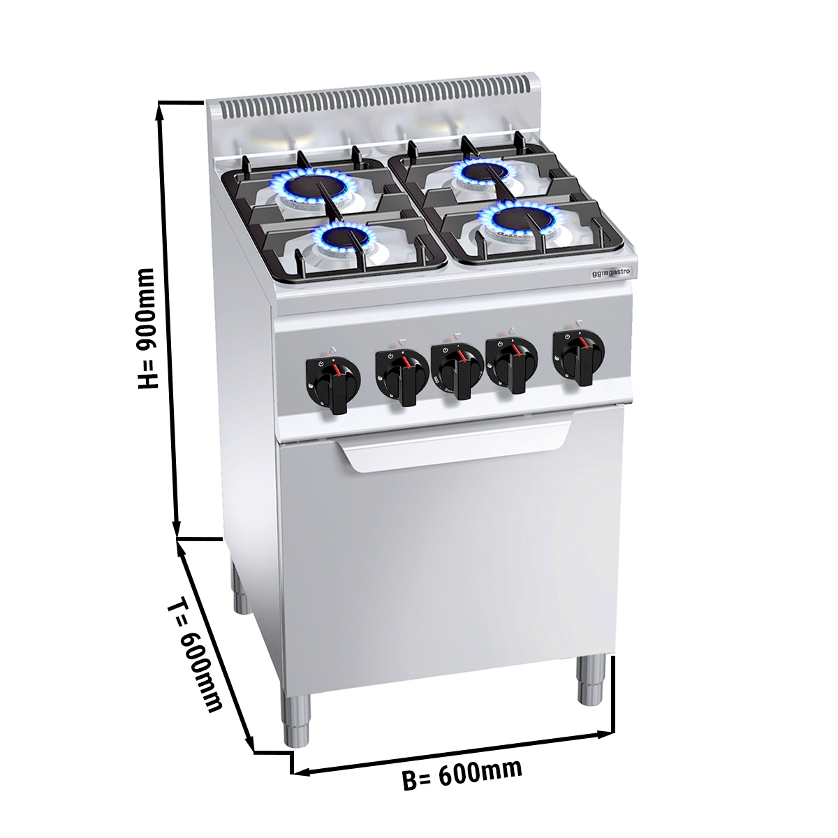 Gas stove 4xburner (12,4 kW) + Electric convection oven (3 kW)