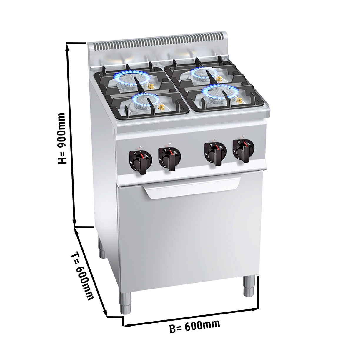 Gas stove 4xburner (19 kW) + Gas oven (3,5 kW)