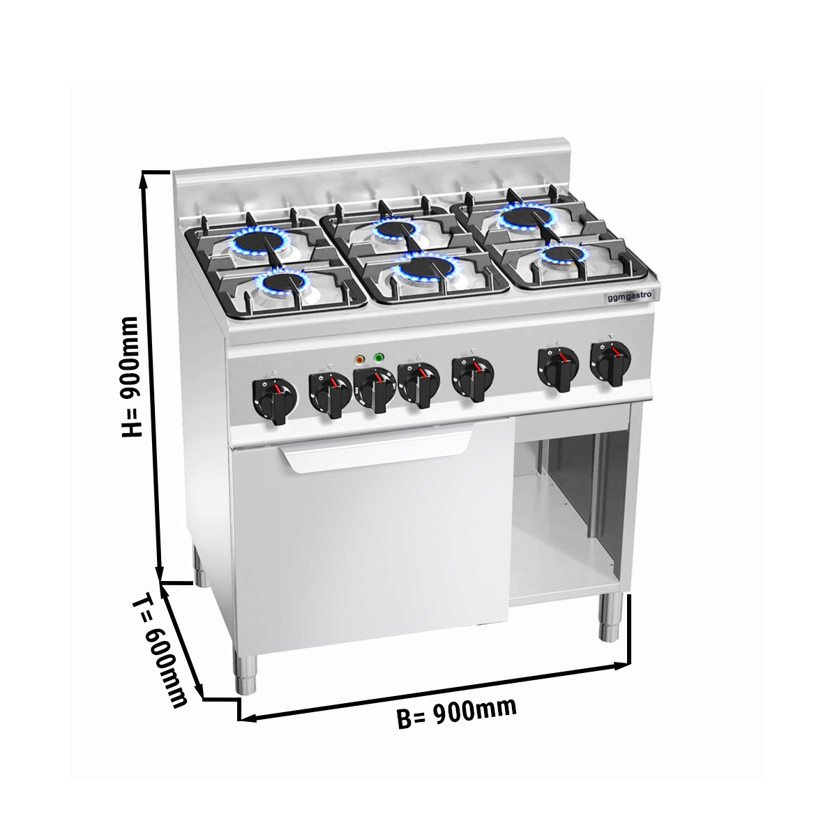Gas stove 6xburner (18,6 kW) + Gas oven (3,5 kW)