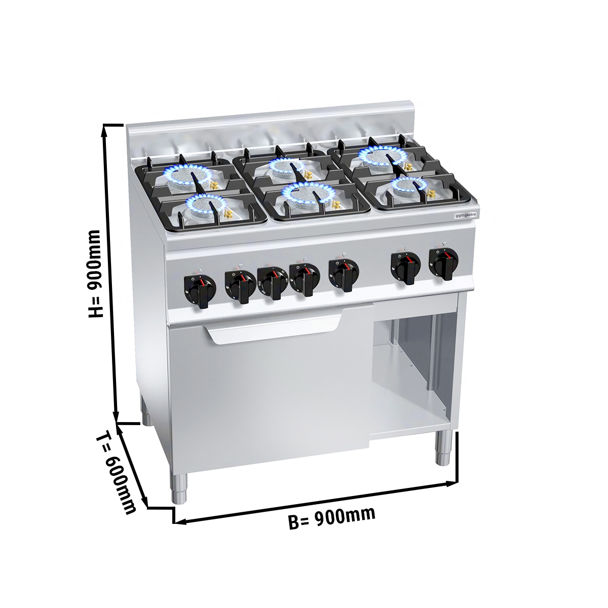Gas stove 6xburner (28,5 kW) + Gas oven (6 kW)