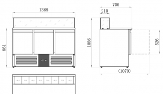 Saladette PREMIUM - 1,36 x 0,7 m - mit 3 Türen