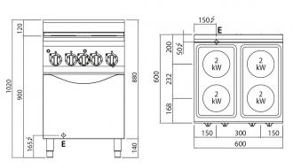Electric cooker 4x round plates (8 kW) + Electric convection oven (3 kW)