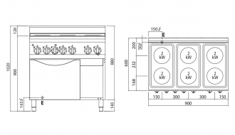 Electric cooker 6xplates round (12 kW) + Electric convection oven (3 kW)