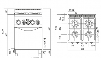 Gas stove 4xburner (12,4 kW) + Electric convection oven (3 kW)